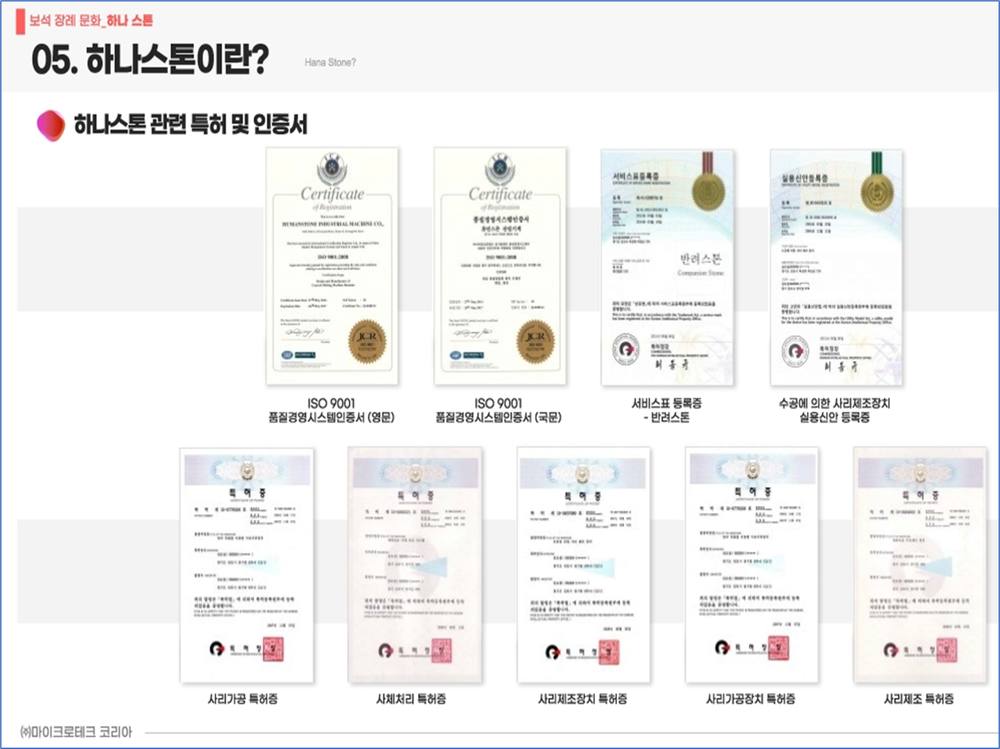 하나스톤 특허 및 인증서